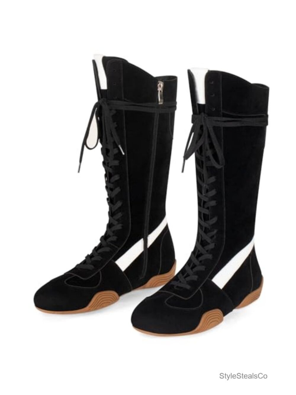 Women's Faux Suede Knee High Lace Up Boxing Boots with Side Zipper Non-Slip